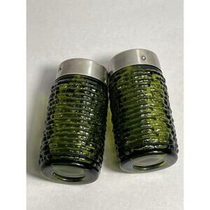 Vintage Soreno Avocado Green Salt Pepper Shakers Anchor Hocking Glass 1960s